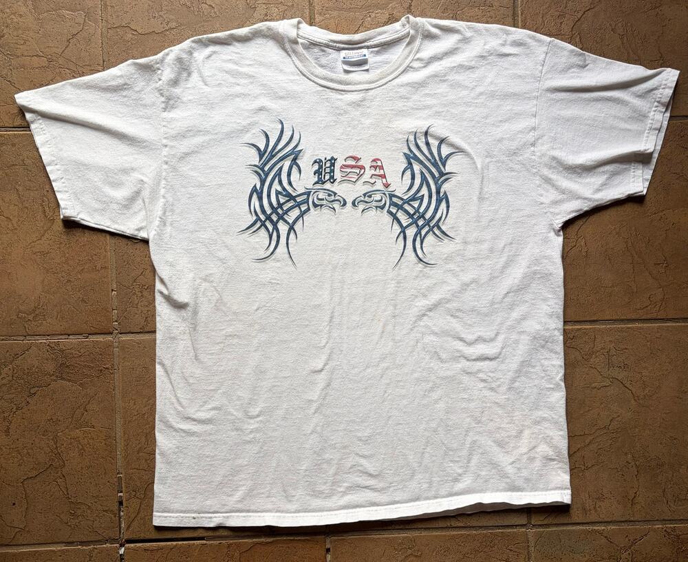 Vintage USA Tribal Eagle Graphic T-Shirt Hanes Heavyweight White Adult 2XL